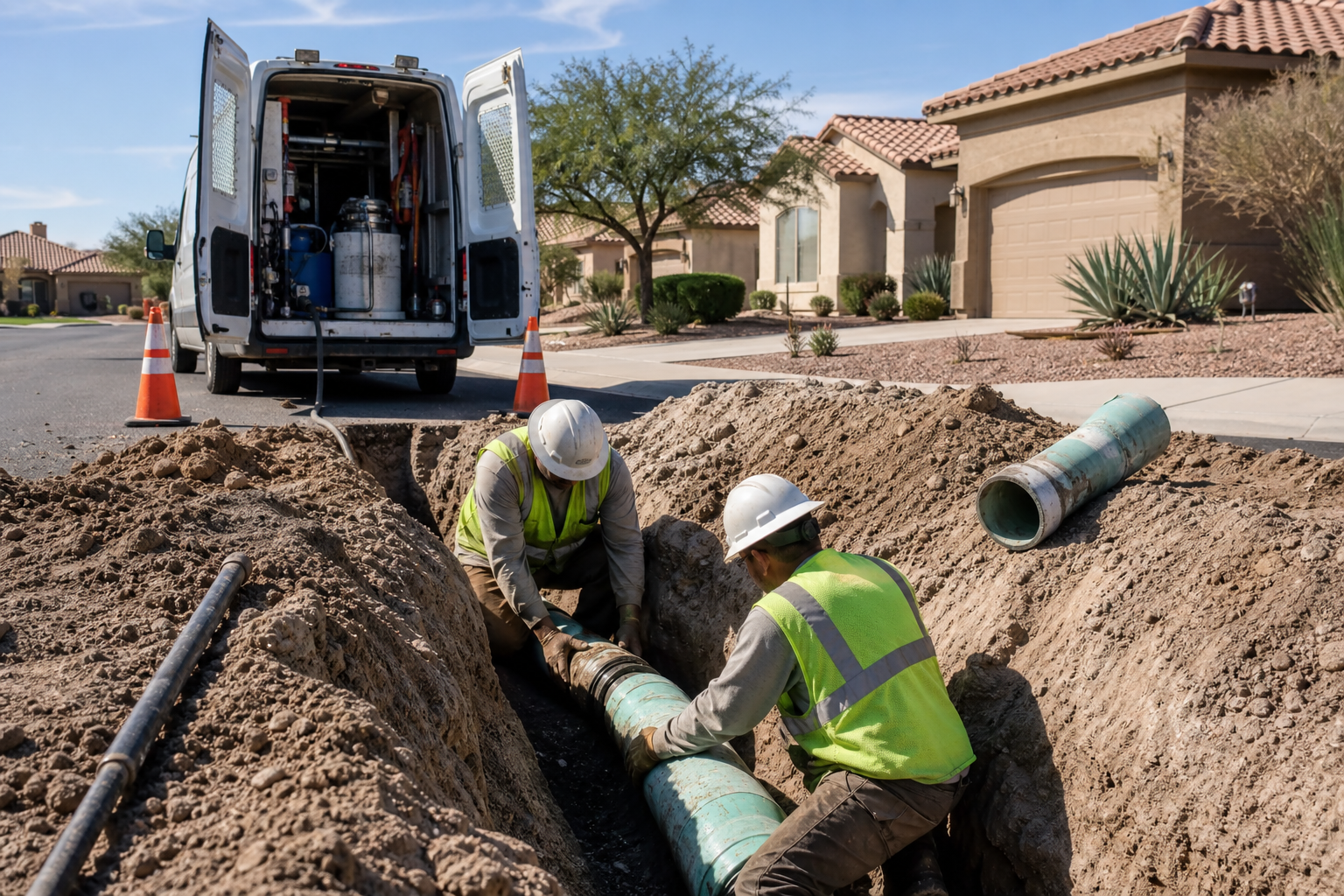 Sewer pipe crew working on a residential street in Mesa, AZ