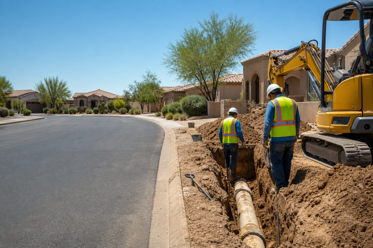 Sewer line excavation and repair crew working on a residential pipe in Mesa, AZ
